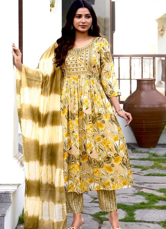 Elegant Yellow Floral Printed Cotton Suit Set